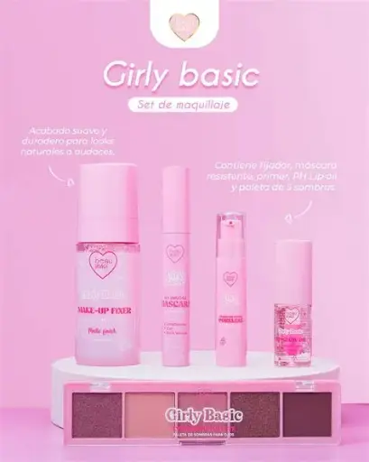 SET GIRLY BASIC PRIMER+MASCARA+GLOSS+SOMBRA+FIJADOR