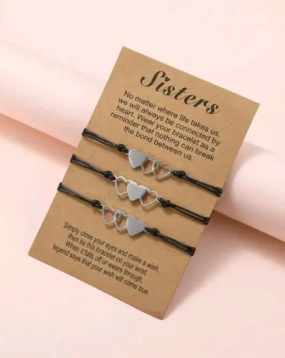 TRIO PULSERAS NEGRAS PLATEADO CORAZON 